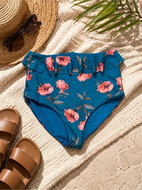 Coral Reef Reversible High Waist Bikini Bottoms XL Teal Floral & Solid Blue Swim